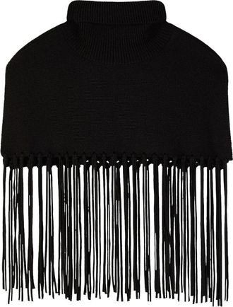 Patrizia Pepe Cropped gebreide poncho met logolabel en franjes - Dames - Wintersjaals - Zwart - ONE Size - Accessoires
