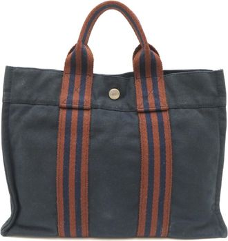 Herm&egrave;s Brown Navy Cotton Tote Bag (Pre-Owned)