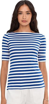 Lauren Ralph Lauren Striped Stretch Cotton Boatneck T-Shirts Womens Clothing Cruise Royal/White : MD, Cotton/Elastane