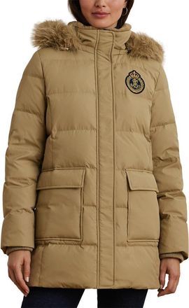 Lauren Ralph Lauren Crest Patch Down & Feather Fill Hooded Coat in Birch Tan at Nordstrom, Size X-Large