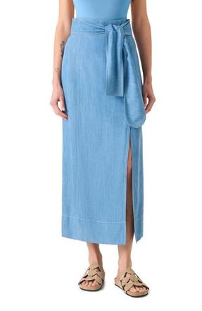 Akris Chambray Faux Wrap Midi Skirt in Sky Blue Denim at Nordstrom, Size 10