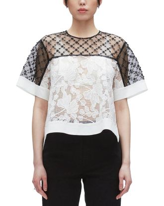 3.1 Phillip Lim Corded Lace Organza Short Sleeve Flounce Top