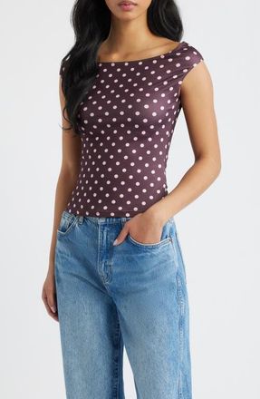 Princess Polly Cheirosa Polka Dot Off the Shoulder Top in Chocolate /Pink at Nordstrom, Size 10