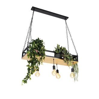 QAZQA Industrial L&aacute;mpara Colgante Inteligente Negra Con Madera Con 5 Wifi G95 - Shelf /acero Rectangular /alargada Adecuado Para Led Max. 5 X 4.9 Watt - Qaz