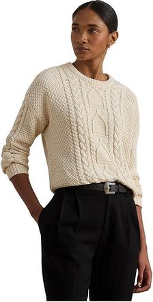 Lauren Ralph Lauren Cable-Knit Cotton Crew Neck Sweater Womens Sweater Mascarpone Cream : XL