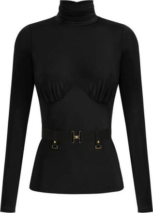 Elisabetta Franchi Overhemden, Dames, Zwart, S, Top met lange mouwen en col