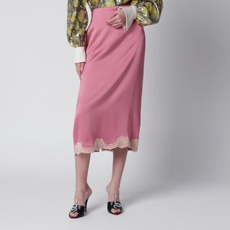 Valentino Gonna midi in cady rosa con dettagli in pizzo