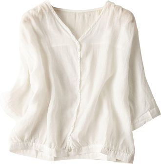 Generic WomenS Linen Blouses Ladies Cotton Summer Tops Pure Color Half Zip Tee Shirts Lightweight Breathable Linen Tops Solid Color Button Down Shirts Comfy 3