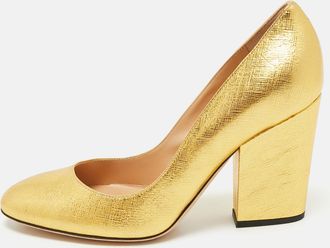 Sergio Rossi Gold Textured Leather Round Toe Pumps