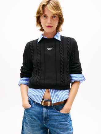 Tommy Jeans Strickpullover TOMMY JEANS TJW CABLE SCRIPT SWEATER, Damen, Gr. XL (42), schwarz, Strick, Obermaterial: 100% Baumwolle, unifarben, Pullover Strickpull