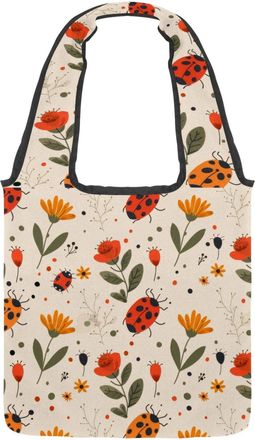 Generic Ladybug Florals Reversible Canvas Shoulder Tote - Double-Sided Print, 12oz Cotton, 27cm Drop, Fold-Flat Bag for Travel, Shopping, Street Outings