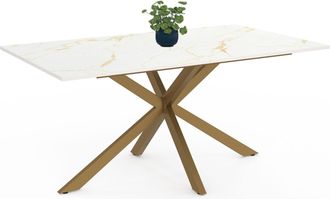 IDMarket Alix Tavolo Da Pranzo Rettangolare Per 8 Persone Con Gamba A Ragno In Ottone E Piano Effetto Marmo Bianco Alaska 160 Cm