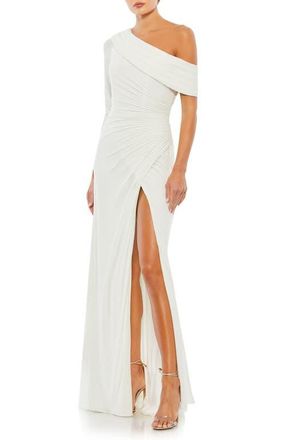 Mac Duggal Ruched Jersey Drop Shoulder Foldover Gown in White at Nordstrom, Size 10