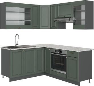 Vicco Cocina Esquinera Fame-line, Verde-dorado Casa De Campo/antracita, 160 X 190 Cm, Et M&aacute;rmol