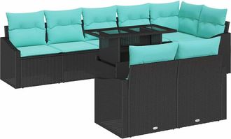 vidaXL Conjunto De Sof&aacute; De Jard&iacute;n 9 Uds. Negro Y Azul Rat&aacute;n Sint&eacute;tico Vidaxl