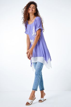 Roman Bird Print Asymmetric Tunic Top