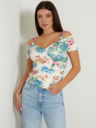 Guess Emily Top Womens White Floral Short Sleeve Sweetheart Neck FTS1264