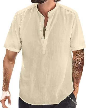 Generic Beige Grandad Shirt Mens Henley T Shirts Round Neck Summer Shirt Short Sleeve Solid Color Holiday Clothes Lightweight Collarless Button Up Smart Casua