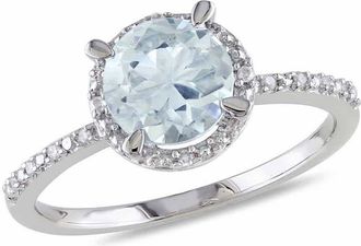 Amour Aquamarine and Diamond Accent Halo Ring In Sterling Silver