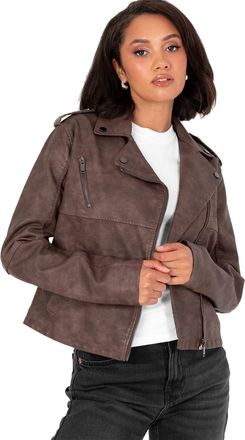 Lovedrobe Womens Biker Jacket Ladies Soft Faux Leather PU Studded Collar Distressed Long Sleeve Zip Pockets Casual Coat, Brown 10