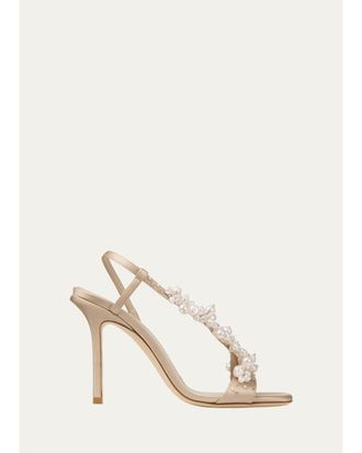 Jimmy Choo London 100mm Irina Pearly Asymmetric Satin Sandals