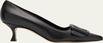 Manolo Blahnik Maysale Leather Buckle Kitten Pumps