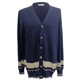 Brunello Cucinelli Knitted Buttoned Cardigan in Navy Blue Cotton