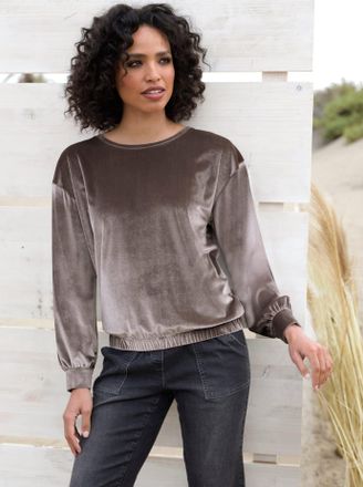 Heine Langarmshirt HEINE Samt-Shirt, Damen, Gr. 34, grau (dunkeltaupe), 95% Polyester, 5% Elasthan, unifarben, Rundhals, Shirts Langarmshirt