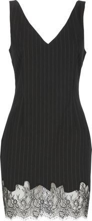 Andamane Black Pinstriped Lace-Trim V-Neck Mini Dress