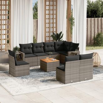 vidaXL Set De Muebles De Jard&iacute;n 9 Pzas Y Cojines Rat&aacute;n Sint&eacute;tico Gris Vidaxl
