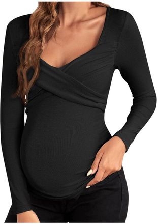 Generic Womens Maternity Shirts Solid Color Ribbed Long Sleeve Pregnancy Tops V Neck Classic Fashion Lightweight Pregnant Clothes Casual Trendy Elegant Loose 