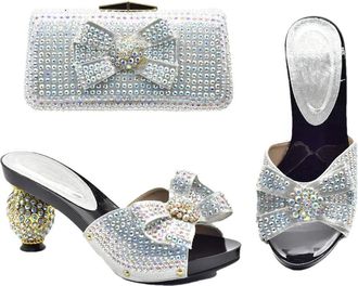 Generic Womens Shoes and Bag Set Stiletto High Heel Slip On Shoes Matching Full Rhinestone Flower Evening Handbag