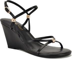 Nine West Deklyn Faux Leather Wedge Sandal in Black at Nordstrom Rack, Size 8.5