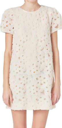 endless rose Faux Pearl & Tulle Flower Short Sleeve Shift Dress in Champagne at Nordstrom, Size X-Small