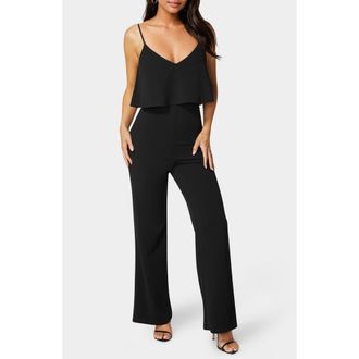 Bebe Ruffle Overlay Wide Leg Jumpsuit in Black at Nordstrom Rack, Size X-Large