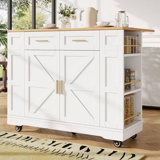 Merax Mobile Kitchen Island Trolley with Drop Leaf & Two-Sided Storage Racks in White