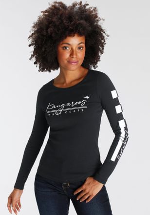 Kangaroos Langarmshirt KANGAROOS, Damen, Gr. 32/34, schwarz, Rippware, Obermaterial: 100% Baumwolle, bedruckt, unifarben mit Farbeinsatz, figurbetont h&uuml;ftbedeck