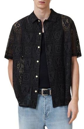 AllSaints Netley Lace Short Sleeve Button-Up Shirt in Black at Nordstrom Rack, Size Xx-Large