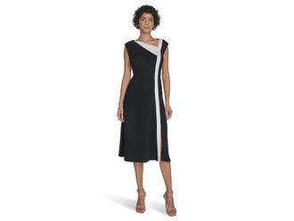 Calvin Klein Color Block Cap Sleeve Aline Womens Dress Black Cream : 10, Polyester/Spandex