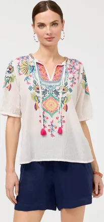 Johnny Was Margot Short Sleeve Blouse In Navy Grey Stripe
