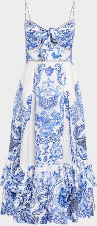 Camilla Ceramic Panoramic Ruffle-Hem Tie Midi Dress