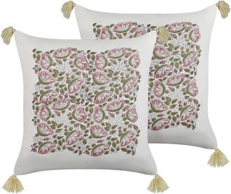 Beliani Conjunto De 2 Cojines De Algod&oacute;n Blanco Rosa Verde 45 X 45 Cm A Mano Carissa