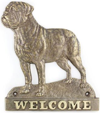 OEM Bullmastiff, Bulmastiff: Un Cartel Para La Puerta Con Un Perro, Una Placa De Bienvenida De Lat&oacute;n, Un Cartel &Uacute;nico Con La Inscripci&oacute;n Welcome De Art-do