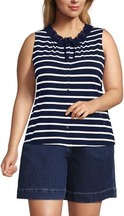 Lands End Lightweight Jersey Button Front Lace Trim Tank in Deep Sea Navy Clean Stripe at Nordstrom, Size 3X