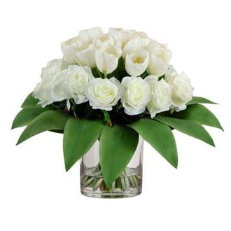 Nearly Natural Wedding Collection 20-in Artificial Roses and Tulips Arrangement in Glass Vase in Green/white at Nordstrom