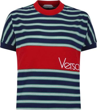 Versace Gestreepte Logo Katoenen T-shirt - Dames - T-shirts - Veelkleurig - XS - Katoen - Tops