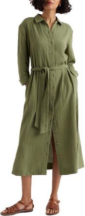 Seasalt Cornwall Whitsand Cove Long Sleeve Organic Cotton Gauze Shirtdress in Cypress at Nordstrom, Size 16