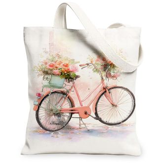 Generic Floral Bike Canvas Tote Bags, Vintage Flower Pattern Reusable Grocery Bags, Spring Elegant Lightweight Washable Canvas for, Peach, 13x15 Inch