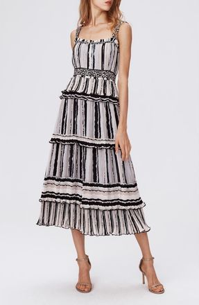 Diane Von F&uuml;rstenberg Cato Tiered Ruffle Midi Dress in Torn Flag Blk at Nordstrom Rack, Size 0