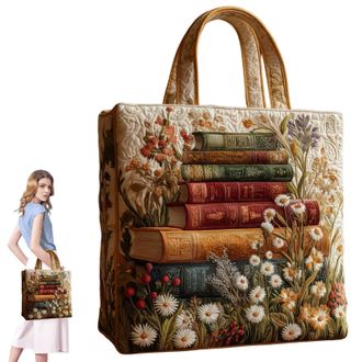 Generic Quilted Tote Bag, Embroidery Floral Bookish Patchwork Bags, Canvas Tote Bags for Women, Large Capacity Totes, Suitable for Office, Shopping, Appointme
